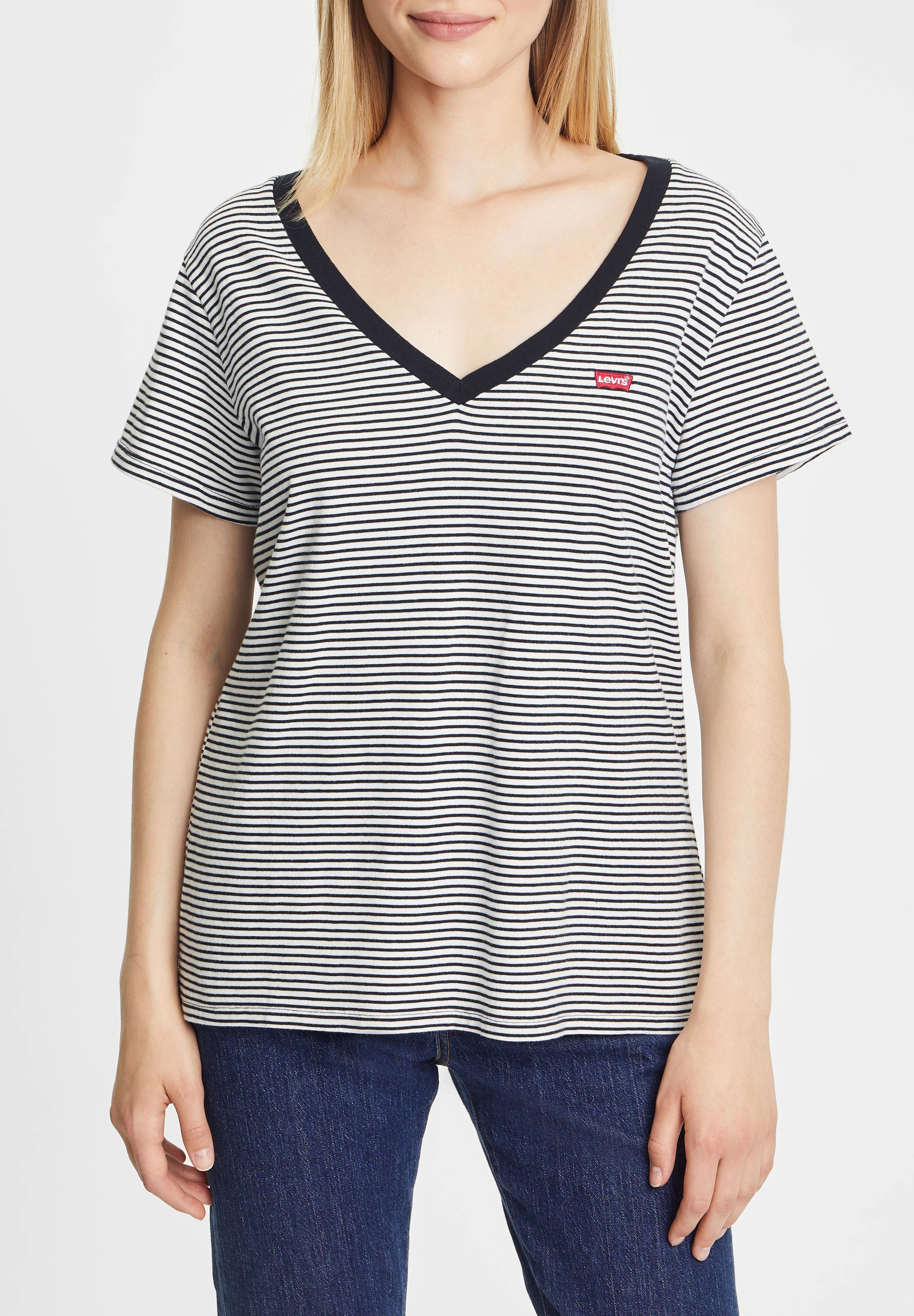 Levi's® T-Shirt, V-Ausschnitt, Patch, Logo, Streifen, FüR Damen, Weiß, S