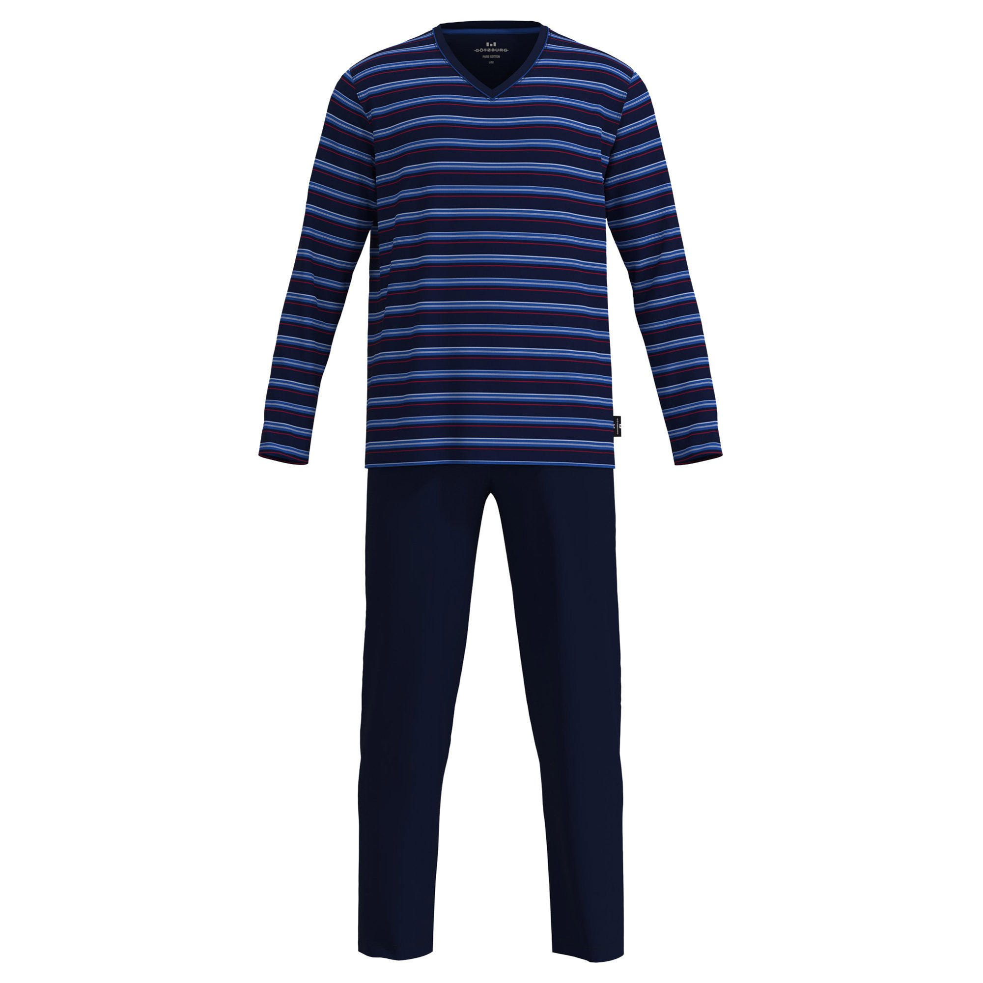 GöTzburg Herren Schlafanzug, Lang - V-Ausschnitt, Gestreift, Offene BüNdchen, Baumwolle, Pyjama, Blau, Xl