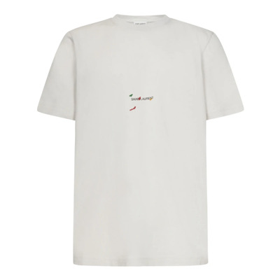 Image of Off-White Crewneck T-Shirt met Artistiek Logo Saint Laurent , White , Heren