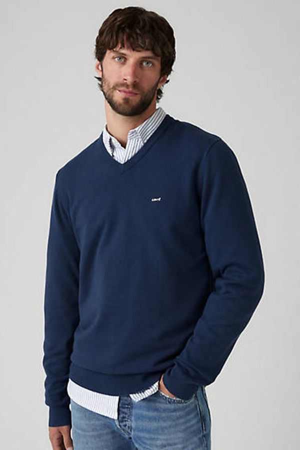 Levi's V Neck Housemark Sweater - Homme - Bleu / Naval Academy - XS