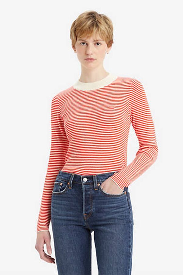 Levi's Pull Over Col Rond Maille Côtelée - Femme - Rouge / Vanilla Stripe Flame Scarlet - S