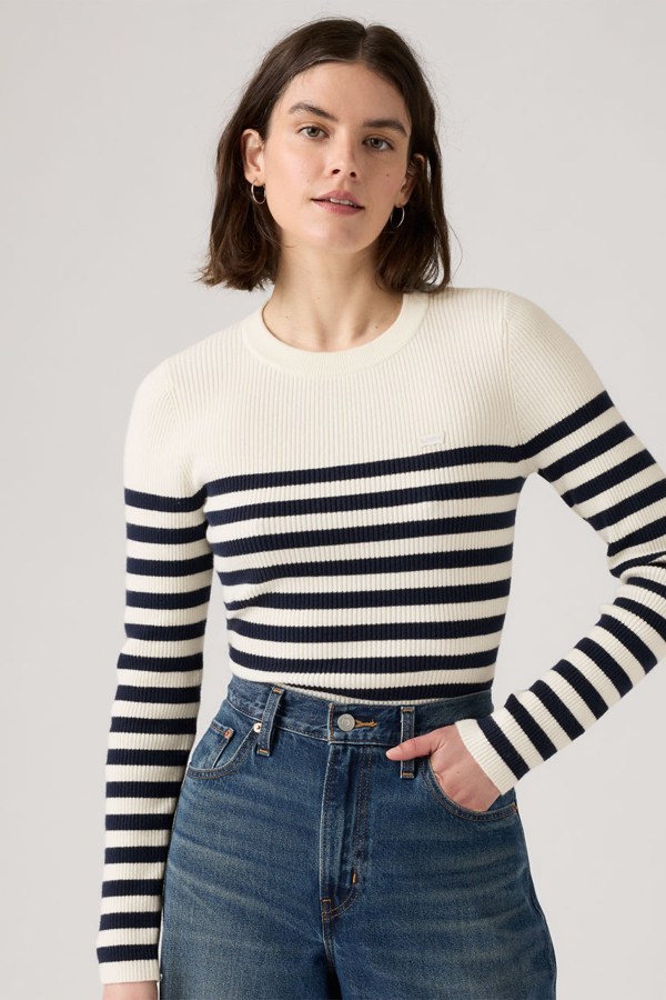 Levi' Pull Over Col Rond Maille Côtelée Femme / Adrienne Stripe Egret Rib