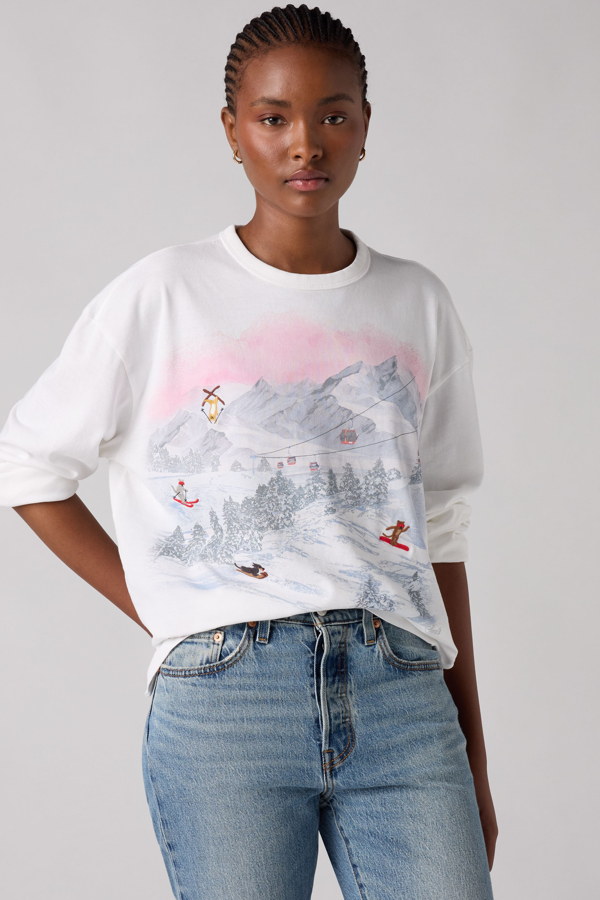 Levi's Graphic Vintage T shirt met lange mouwen - Women's - M - Wit / Ski Slope Party Bright White Cotton