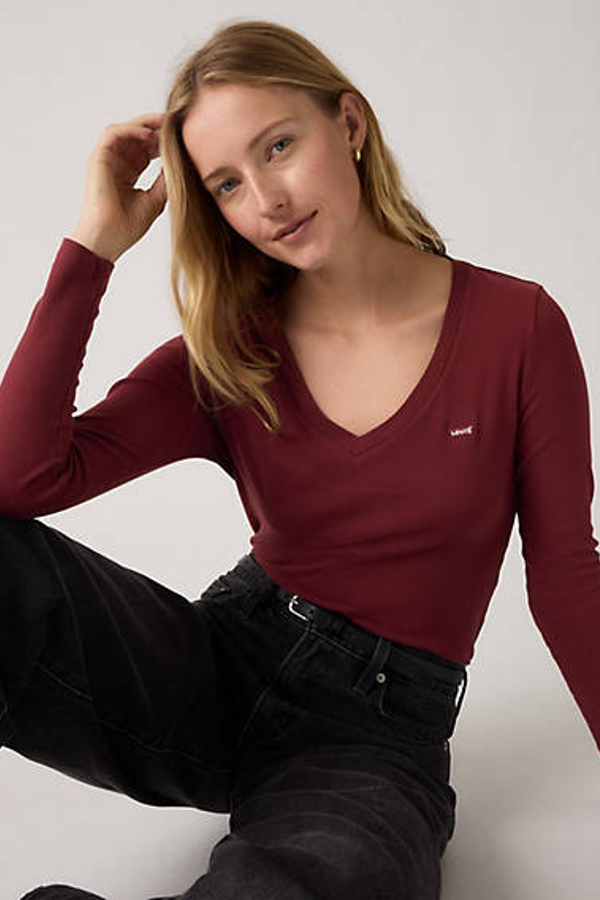 Camiseta de manga larga y cuello de pico Essential Housemark - Mujer - M - Neutral / Chocolate Truffle