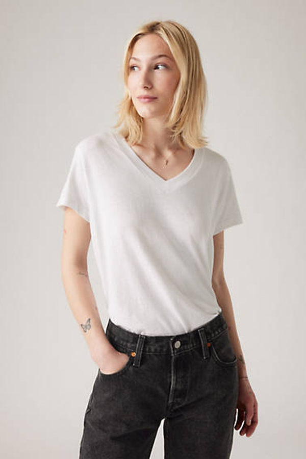 Camiseta con cuello de pico cuadrada - Mujer - XS - Blanco / White + Slub
