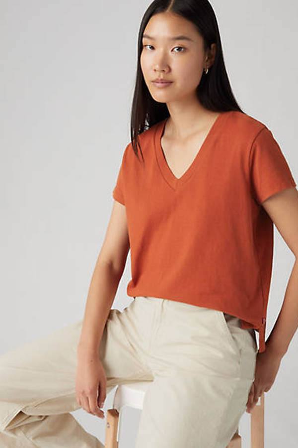 Boxy V Neck Tee - Mujer - XS - Rojo / Picante