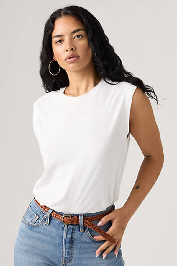 Camiseta sin mangas cuadrada - Mujer - S - Blanco / White + Slub
