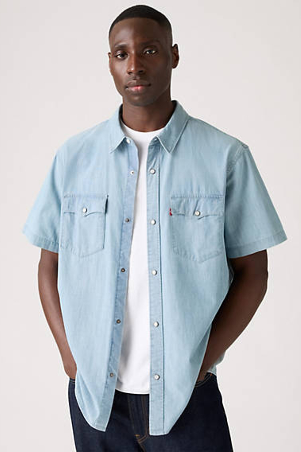 Camisa Western de manga corta de fit relajado - Hombre - S - Azul / New Hyde Chambray