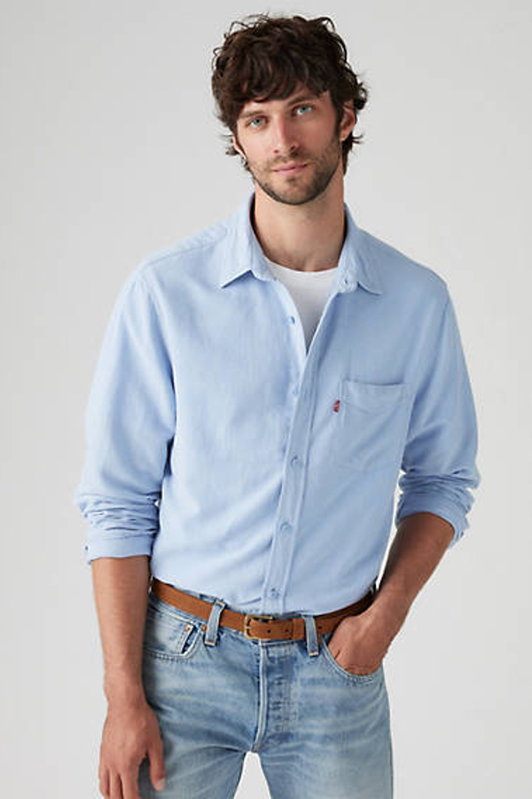 Sunset Pocket Standard Fit Cotton Linen Shirt - Hombre - 2XL - Azul / Chambray Blue Cotton Linen
