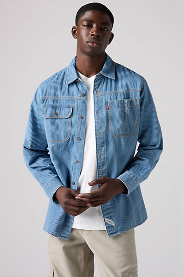 Camisa de manga larga Auburn Worker - Hombre - M - Azul / Kapri Indigo Stripe