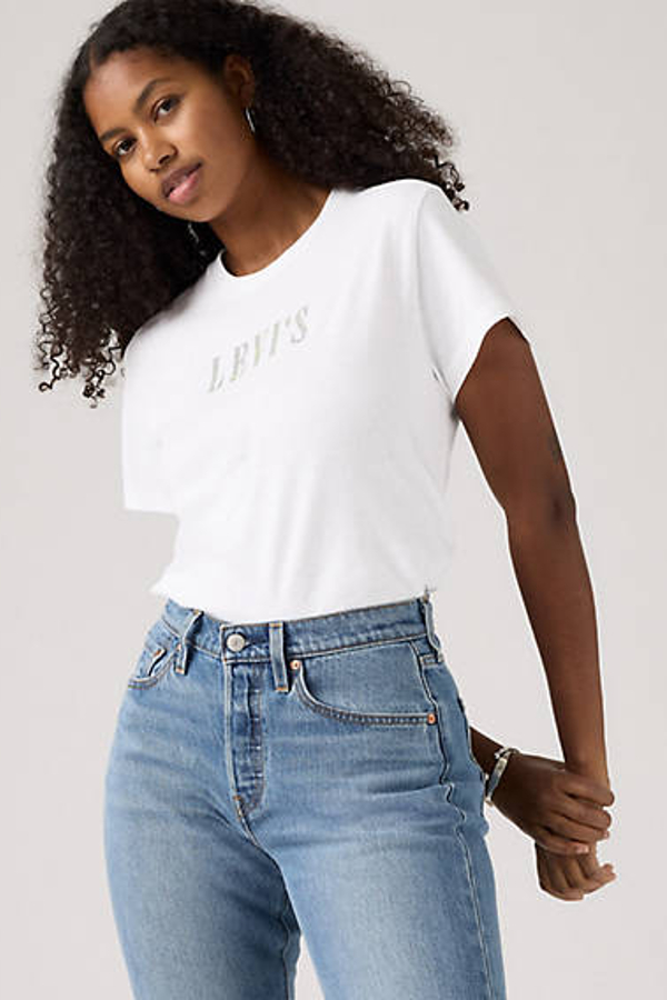 Camiseta Graphic Classic - Mujer - L - Blanco / Rhinestone Serif Logo Bright White