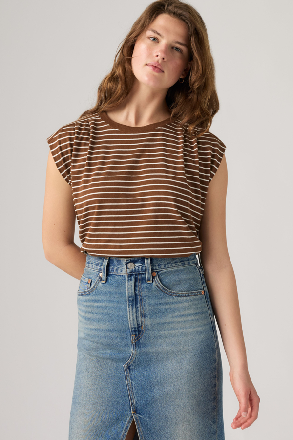 Pleated Muscle Tank Top - Women - L - Brown / Golf Course Stripe Downtown Brown