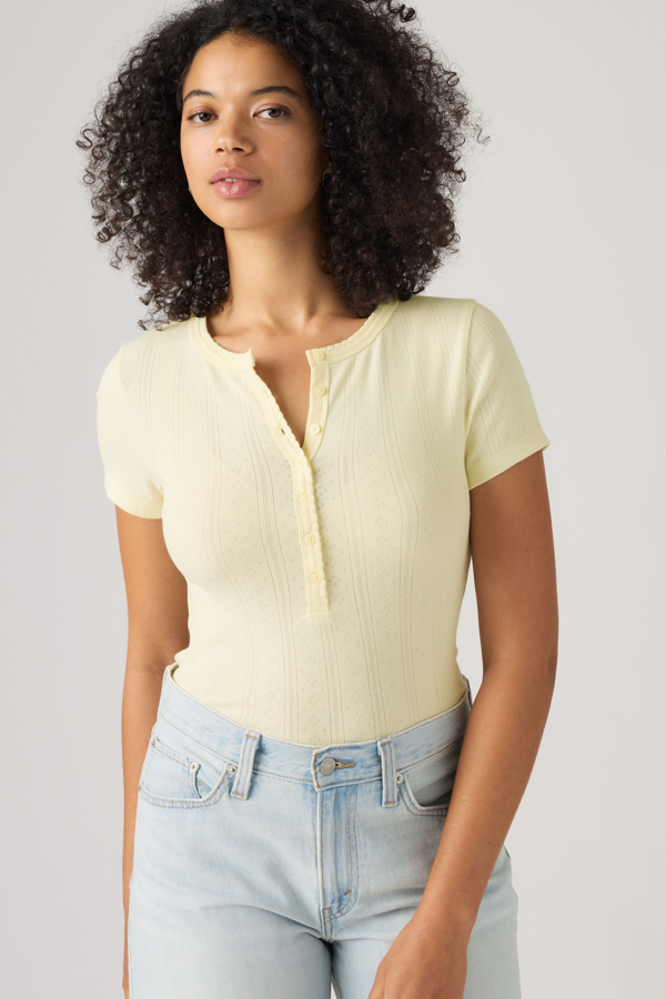 Dry Goods Pointelle Short Sleeve Henley - Women - L - Yellow / Pear Sorbet