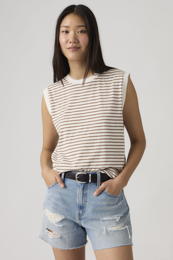Camiseta sin mangas Boxy - Mujer - M - Crema / Emmi Stripe Egret Pine Bark