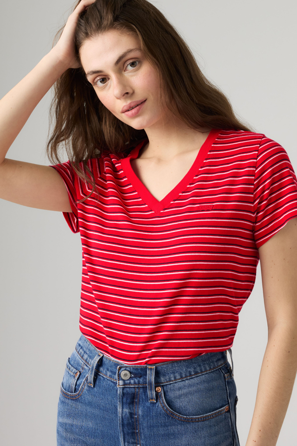 Favorite Cotton V Neck Tee - Women - L - Red / Gianna Stripe True Red