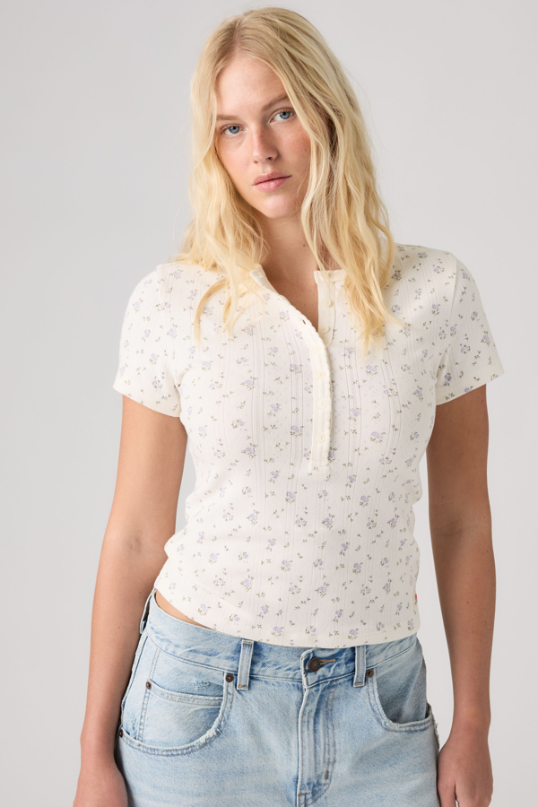 Dry Goods Pointelle Short Sleeve Henley - Women - L - White / Isabel Floral Egret