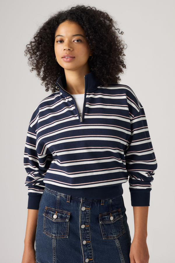 Everyday Quarter Zip Sweatshirt - Mujer - L - Blue / Ruby Stripe Navy Blazer