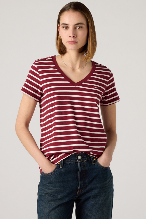 Camiseta de cuello de pico Perfect - Mujer - XL - Rojo / Emily Stripe Warm Cabernet