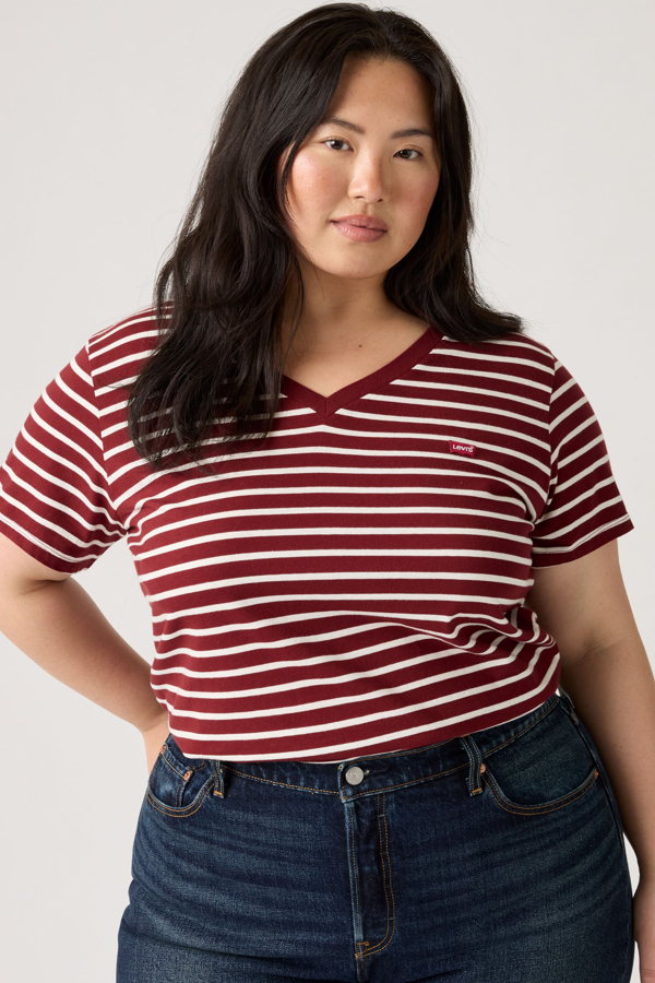 V Neck Tee (Plus Size) - Mujer - 1X - Red / Emily Stripe Warm Cabernet