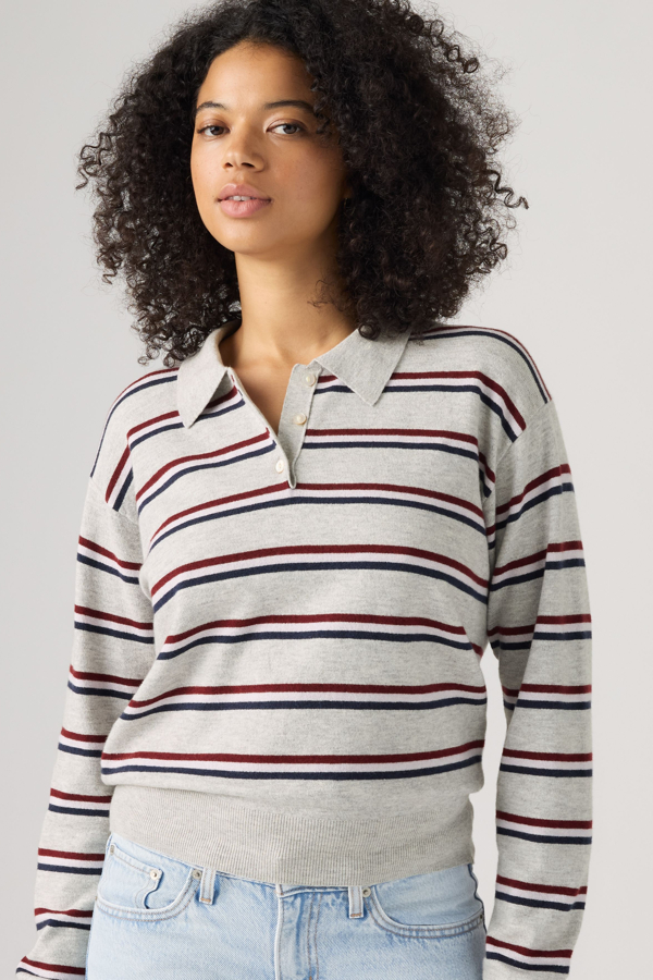 Supersoft Long Sleeve Polo - Women - L - Multi Colour / Jade Stripe Light Grey Heather