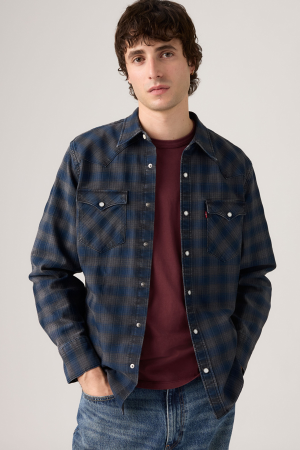 Barstow Standard Fit Western Shirt - Men - 2XL - Blue / Plaid Indigo/black Western