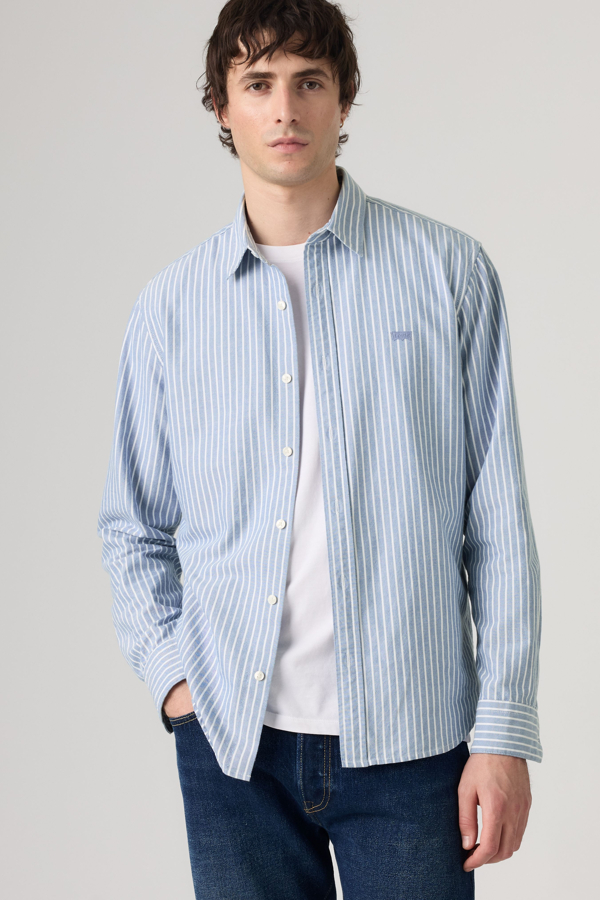 Battery Housemark Standard Shirt - Hombre - L - Azul / Jensen Stripe Dutch Blue