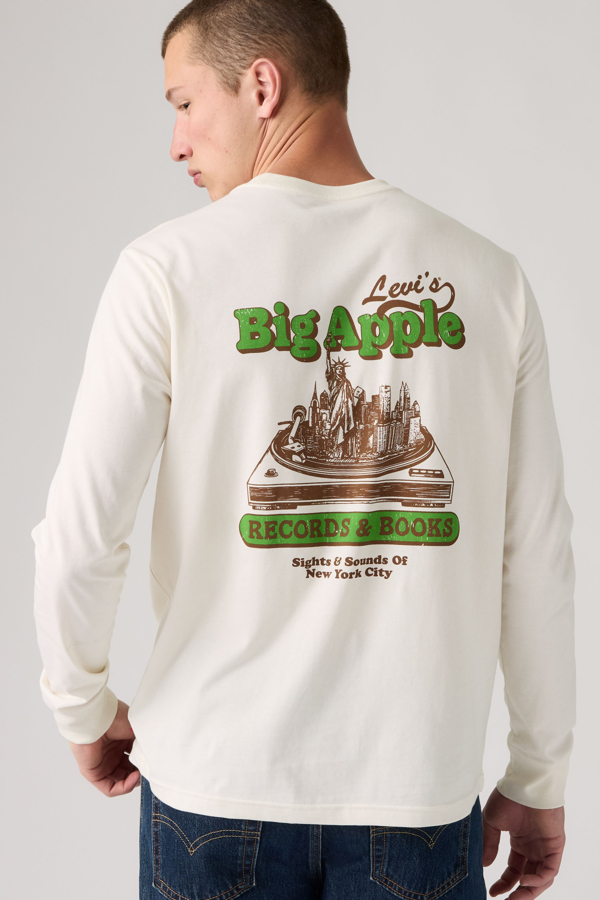 Relaxed Fit Long Sleeve Graphic Tee - Men - L - White / Big Apple Records 1.2 Egret