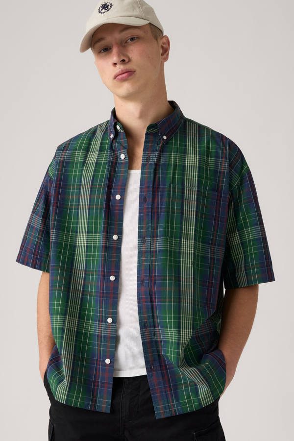 Short Sleeve Roam Loose Lightweight Shirt - Men - L - Green / Theo Plaid Dark Green