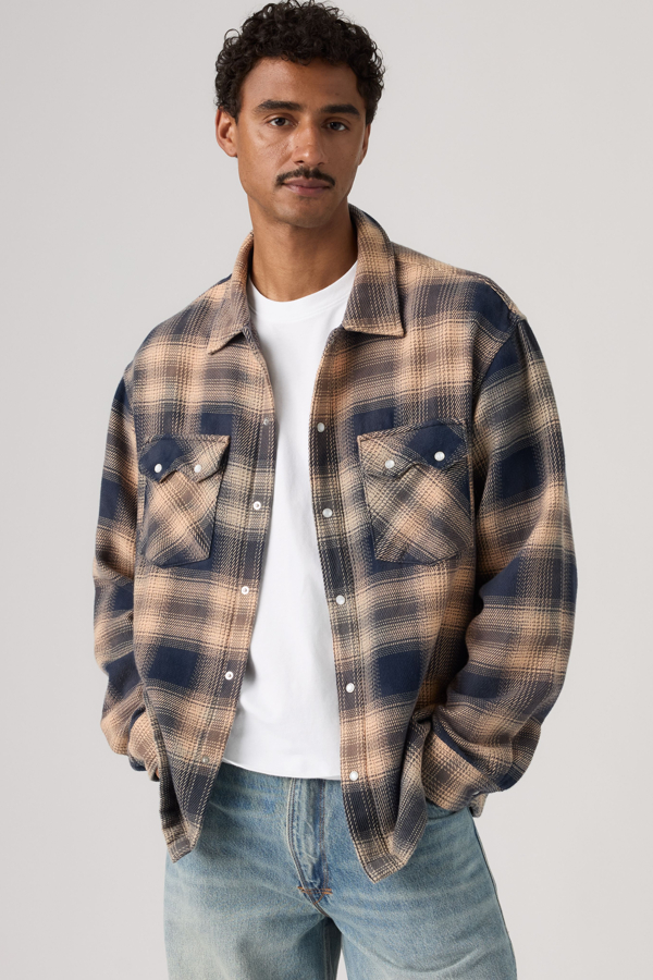 Boxy Western Shirt - Men - 2XL - Brown / Plaid Blue/cream