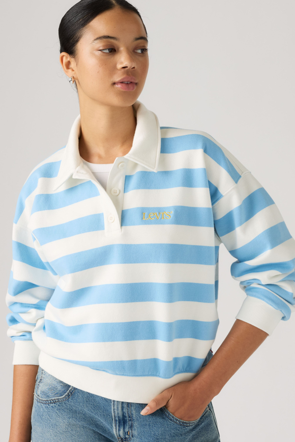 Graphic Vintage Rugby Fleece - Women - L - Blue / Stripe Rugby Arch Logo Alaskan Blue