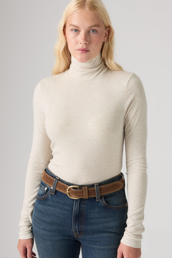 Mia Long Sleeve Layering Turtleneck Tee - Mujer - L - Crema / Oatmeal Heather