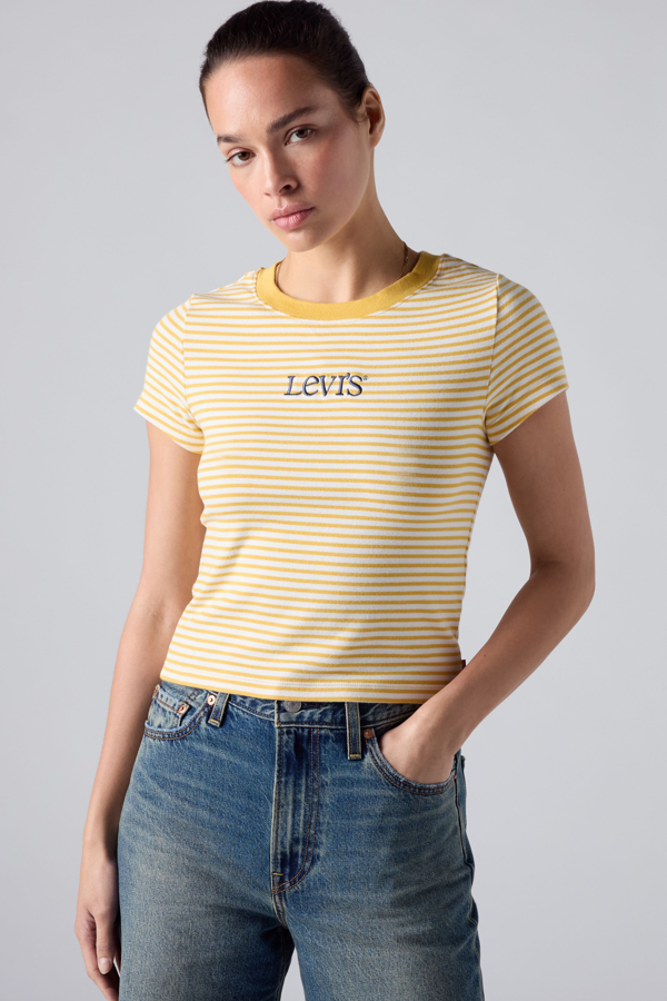Graphic Essential Baby Tee - Women - L - Yellow / Stripe Club Logo Spicy Mustard Stripe