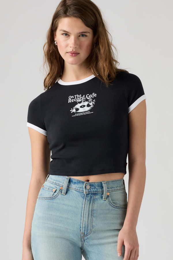 Baby Tee Graphic Essential Ringer - Mujer - L - Negro / On The Record Cafe Anthracite / Bright White