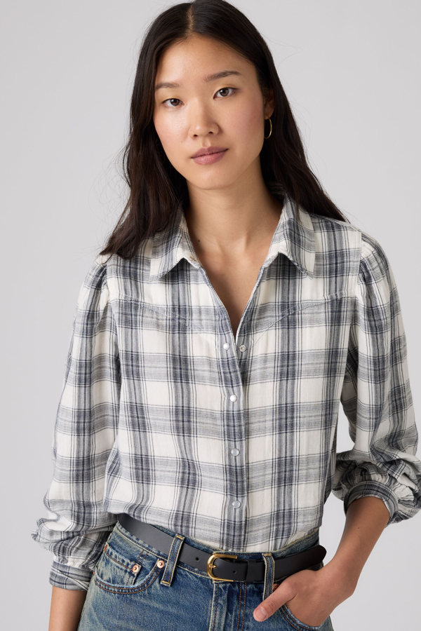 Juna Western Shirt - Mujer - L - Azul / Slub Plaid Peacoat Plain Weave