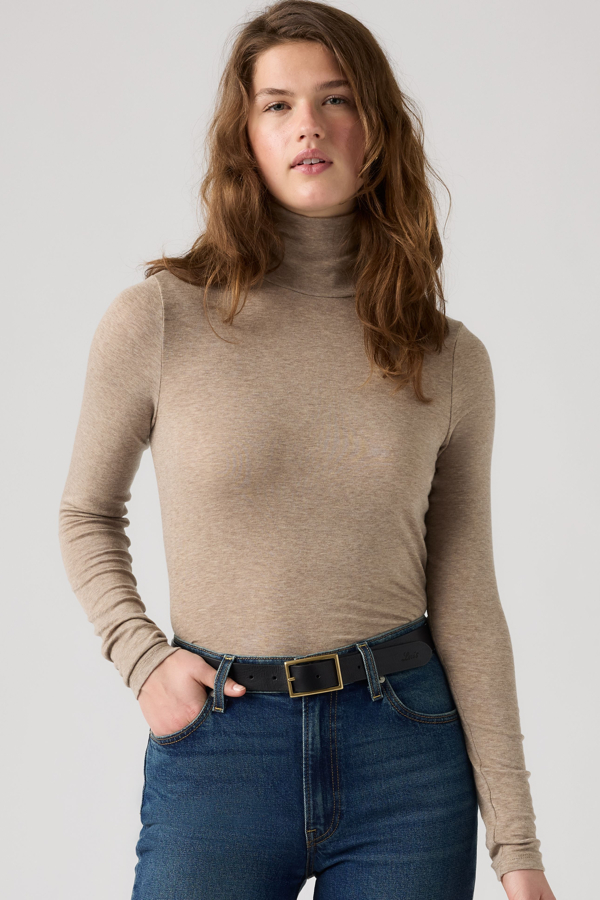 Mia Long Sleeve Layering Turtleneck Tee - Mujer - L - Crema / Taupe Gray Heather