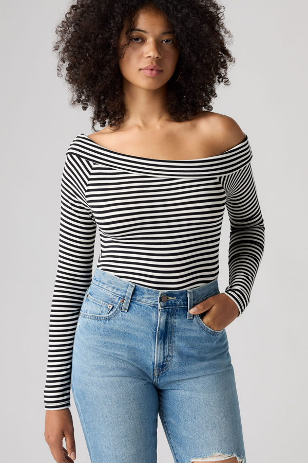 Clara Off Shoulder Long Sleeve Top - Mujer - L - Gris / Ivie Stripe Anthracite Night