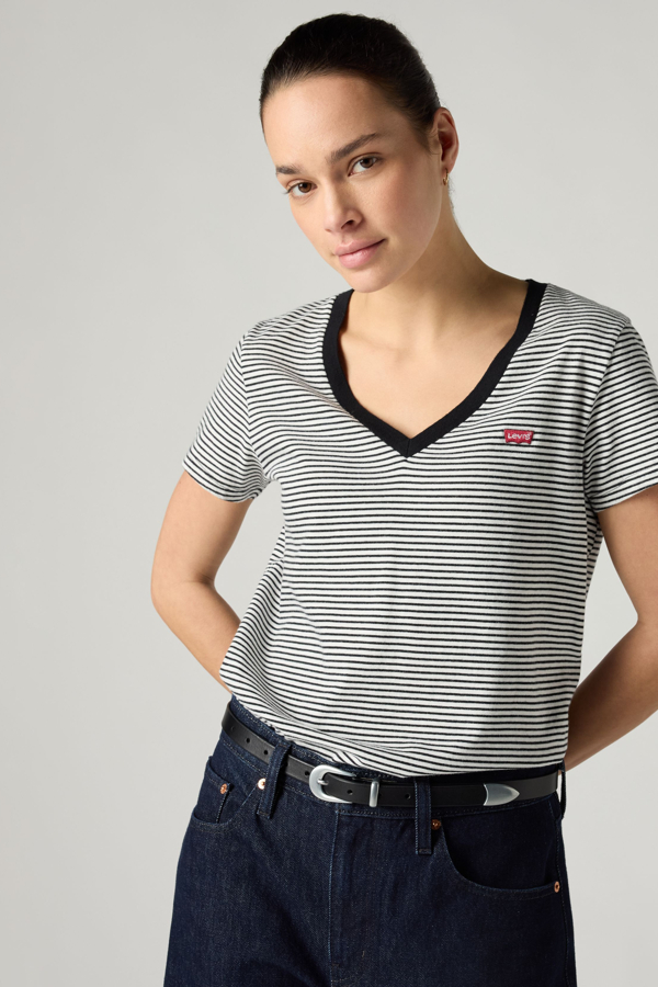The Perfect Tee de cuello de pico - Mujer - 2XS - Negro / Annalise Stripe Cloud Dancer