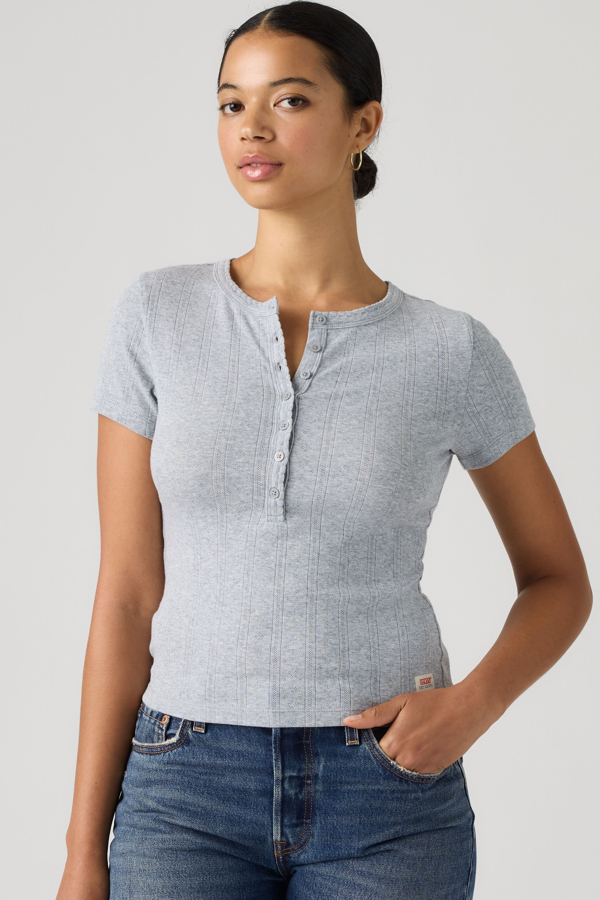 Dry Goods Pointelle Short Sleeve Henley - Women - L - Grey / Silver Heather Gray