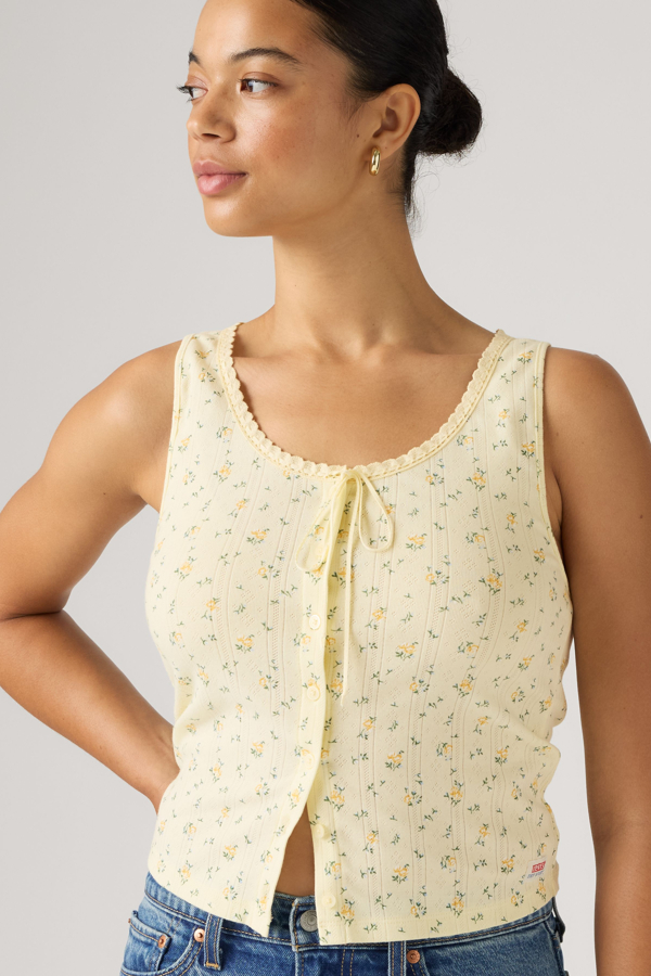 Dry Goods Pointelle Lace Tank Top - Women - L - Yellow / Isabel Floral Pear Sorbet