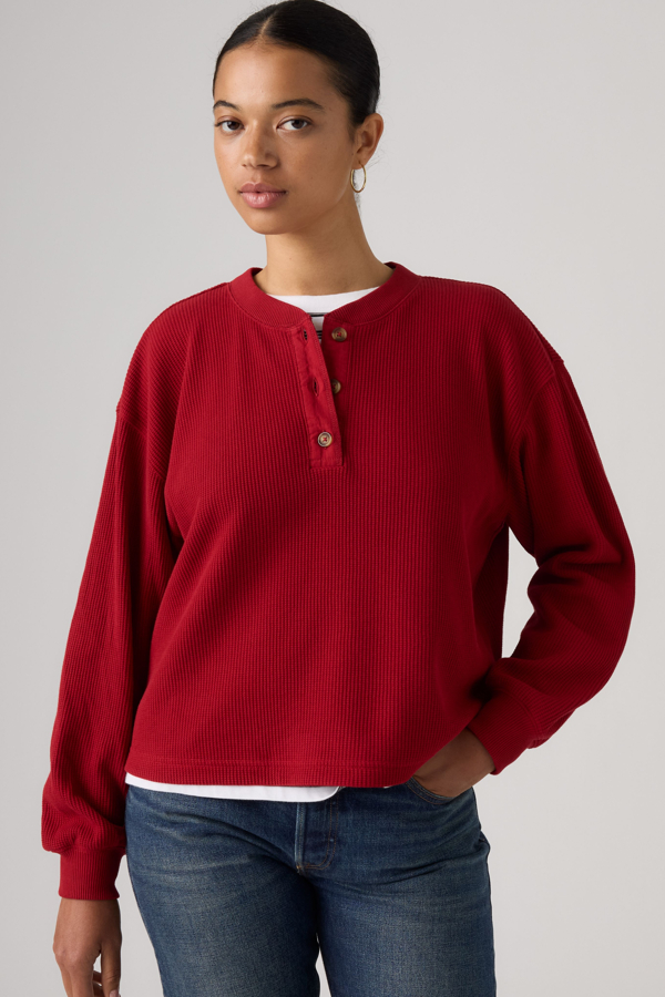 Dry Goods Relaxed Long Sleeve Henley - Mujer - L - Rojo / Emboldened Red