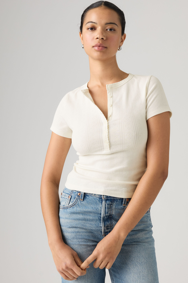 Dry Goods Pointelle Short Sleeve Henley - Women - L - White / Egret
