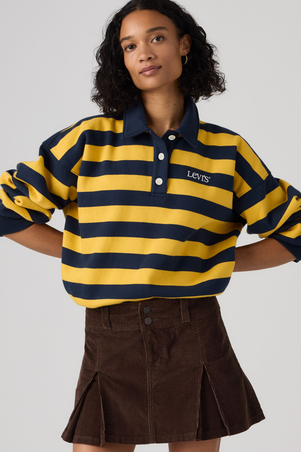 Graphic Vintage Rugby Fleece - Women - L - Yellow / Stripe Rugby Arch Logo Spicy Mustard