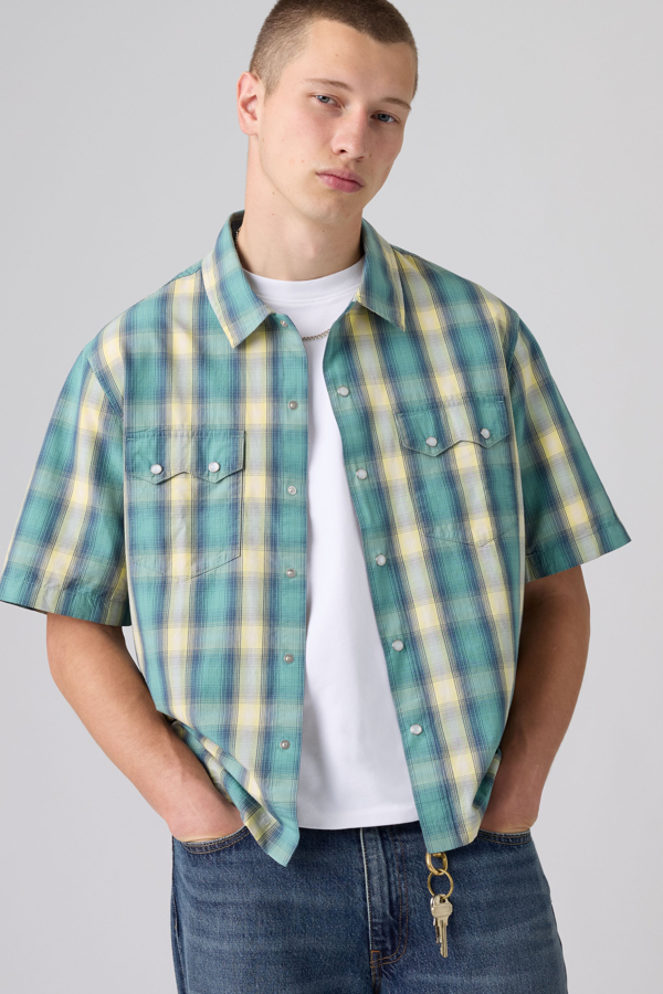 Short Sleeve Boxy Western Lightweight Shirt - Men - L - Blue / Harryson Shadow Plaid Mineral Blue