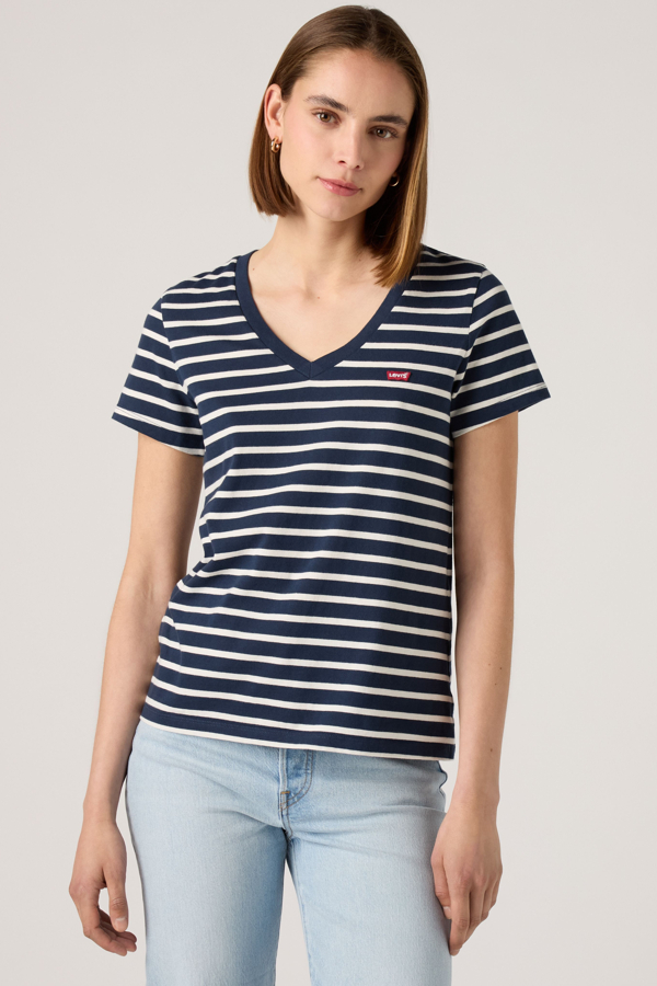 Camiseta de cuello de pico Perfect - Mujer - S - Azul / Emily Stripe Navy Blazer