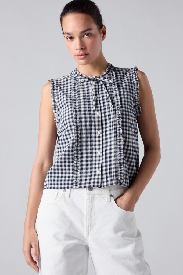 Shelby Sleeveless Slim Blouse - Women - L - Blue / Jette Check Navy Blazer Dobby
