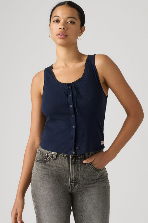Dry Goods Pointelle Lace Tank Top - Women - L - Blue / Navy Blazer