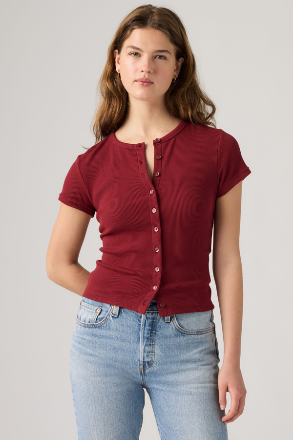 Rory Button Through Tee - Women - L - Red / Warm Cabernet