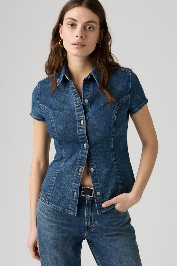 Short Sleeve Shaped Denim Shirt - Women - L - Dark Wash / Denim Is Life