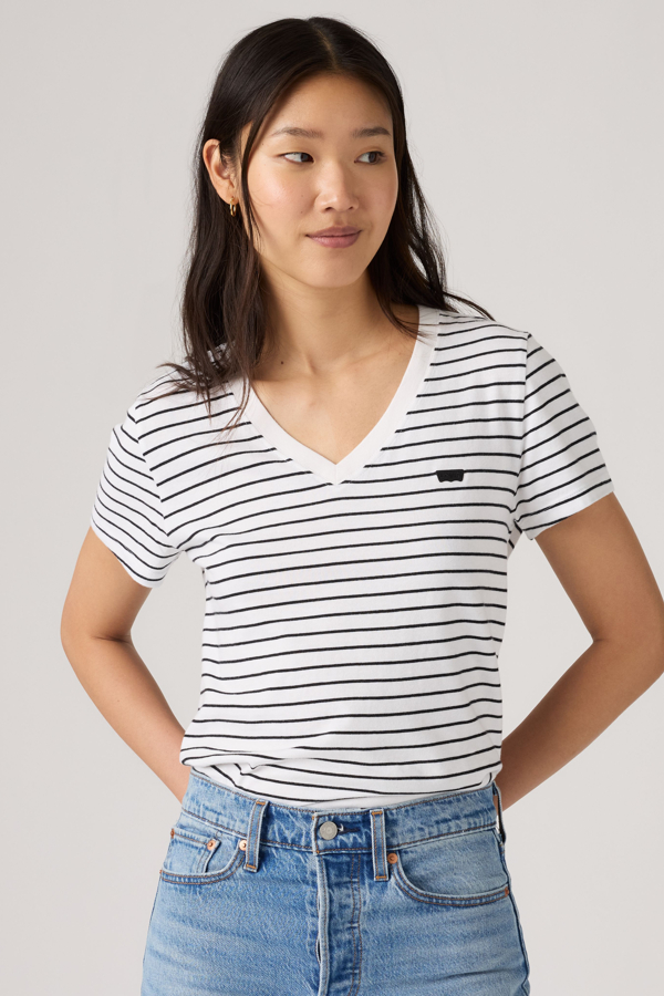 Favorite Cotton V Neck Tee - Women - L - White / Golf Course Stripe Bright White Anthracite Night