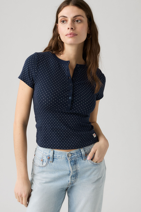 Dry Goods Pointelle Short Sleeve Henley - Women - L - Blue / Sonja Dot Navy Blazer